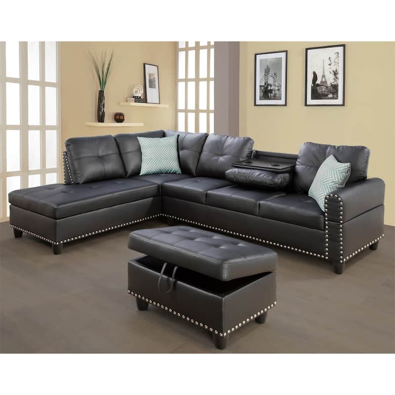 Faux Leather Sectional Sofa with Ottoman and 2 Pillows - Black