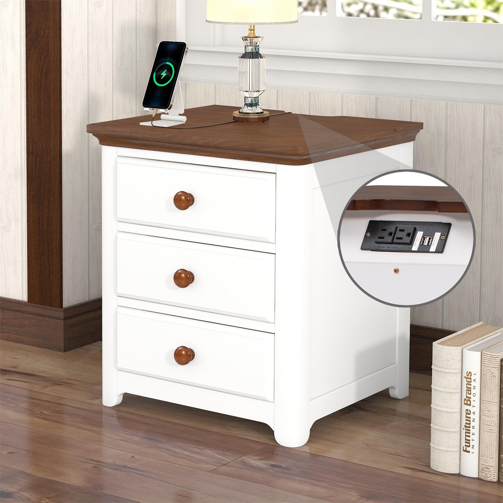 Wooden Nightstand End Table with 2 USB Ports and Standard Plug Outlets White