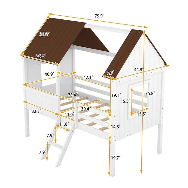 Stylish & Playfun Design Low Loft Bed with Roof, Ladder, Guardrail and Windows, Twin Size, Brown