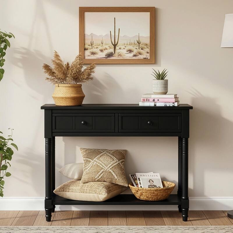 Daisy Series Console Table with Traditional Design, Two Drawers, and Bottom Shelf - Black