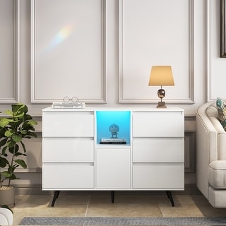 Living Room Sideboard Storage Cabinet White High Gloss with LED Light ...