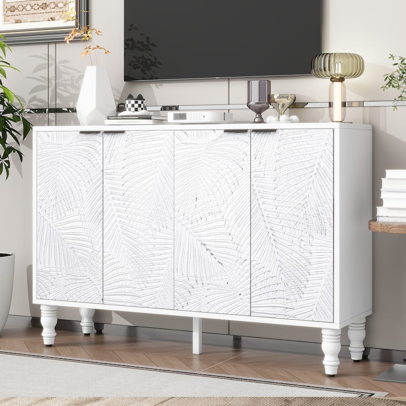 TV Stand with Leaf-Textured Cabinet Doors, Entertainment Center with Adjustable Shelves, Media Console with Wood Legs
