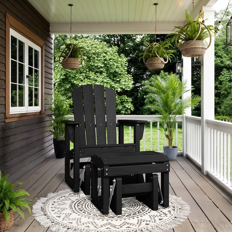 PE Outdoor Rocking Chair with Footrest and Armrests - Black