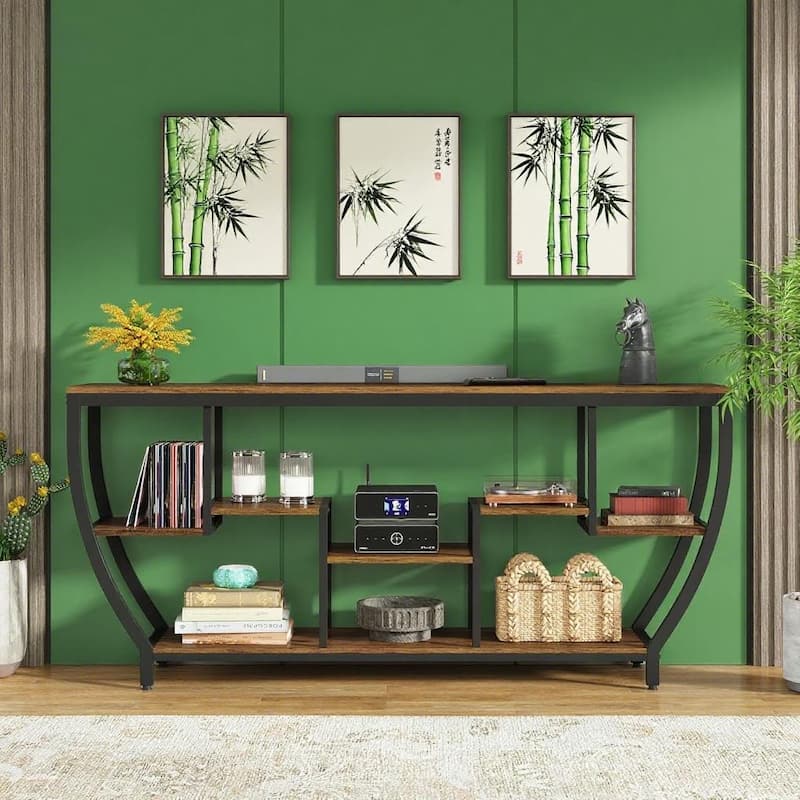 Industrial Console Table with Metal Frame 7 Staggered Shelves Entryway Sofa Hallway Table TV Stand - 70.86" x 11.81" x 35.43"