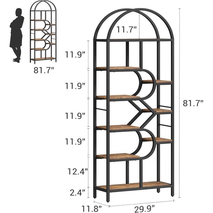 6-Tier Arched Bookshelf, Geometric Freestanding Bookcase and Open Display Storage Rack - Brown