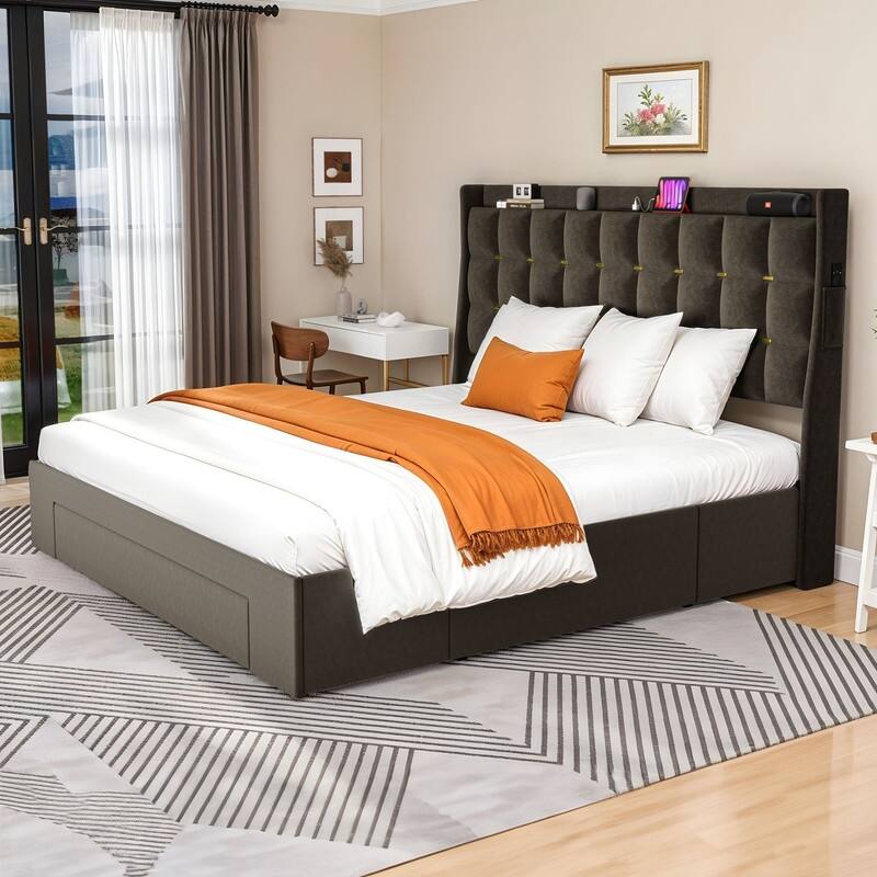 Moasis Queen/King Size Velvet Upholstered Bed with Charging Station and Storage Drawers