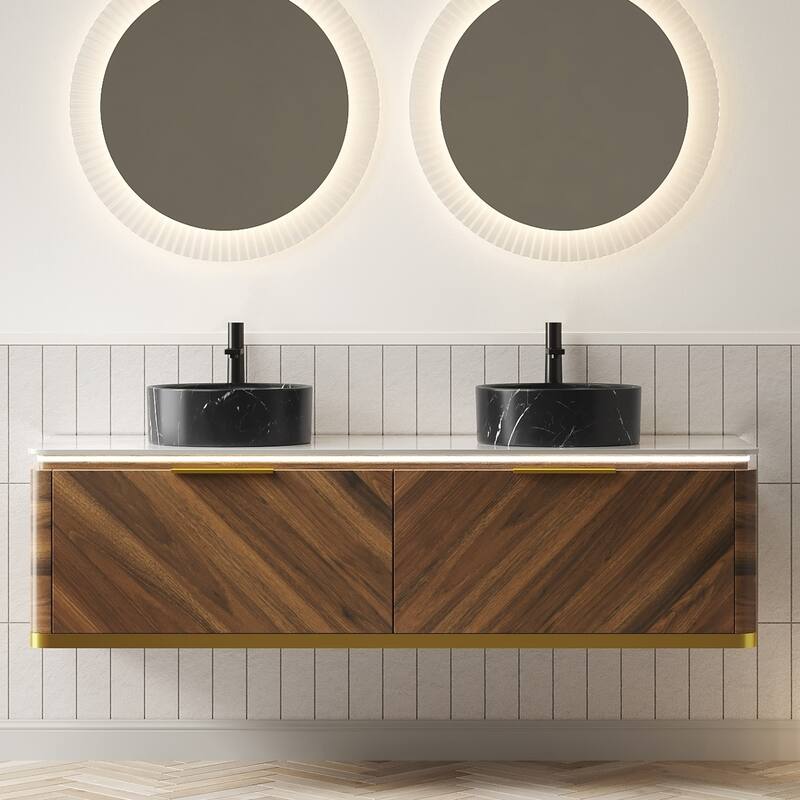 Floating Bathroom Vanity with Sintered Stone Top and Black Ceramic Round Basin - 59.84'' x 19.69'' x 21.69''