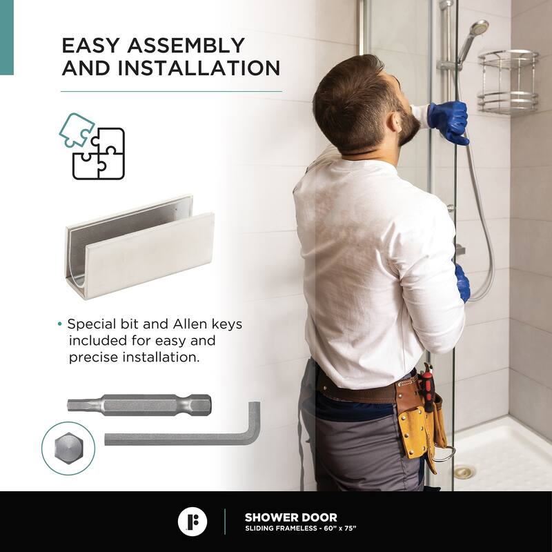Fine Fixtures Frameless Clear Sliding Bathroom Shower Door