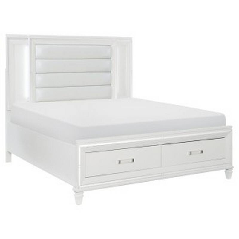 Delcy Queen Platform Bed, LED Headboard, 2 Drawer Footboard, Mirror, White