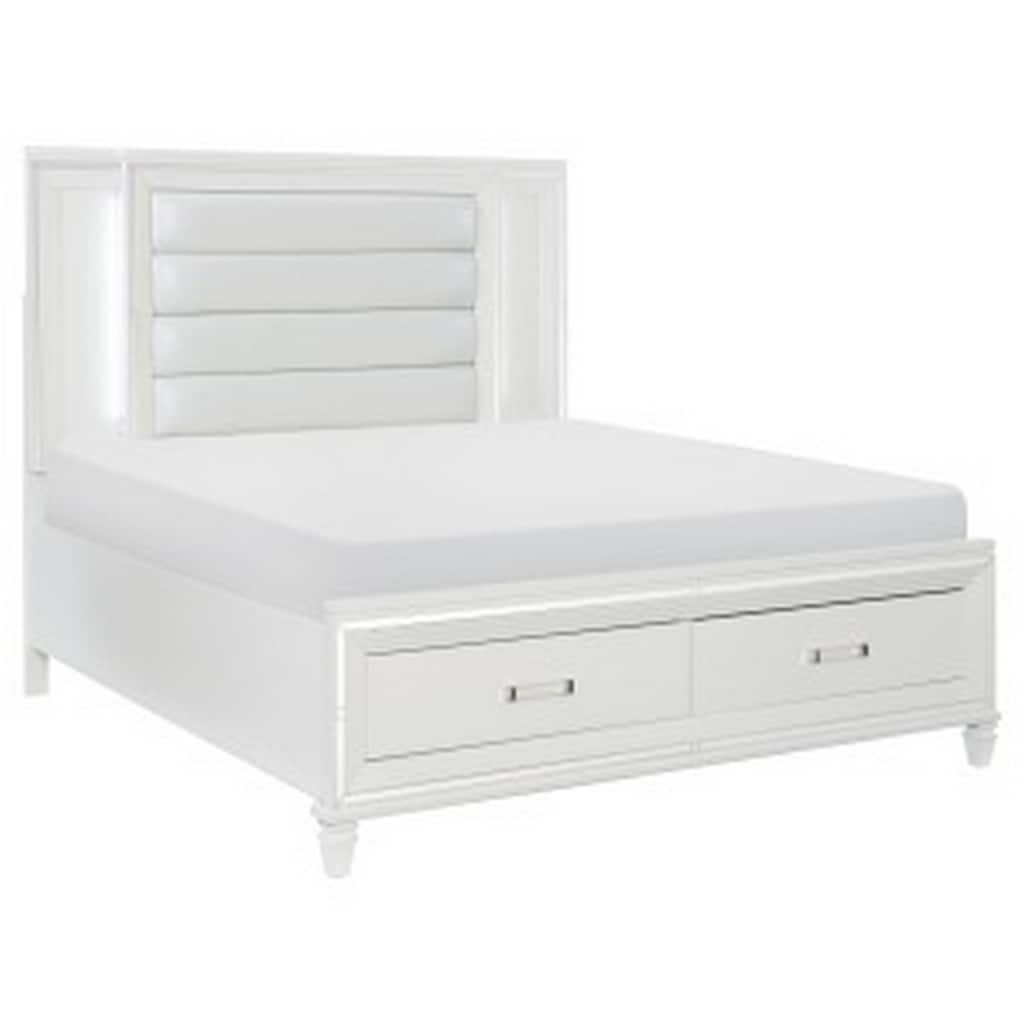 Delcy Queen Platform Bed, LED Headboard, 2 Drawer Footboard, Mirror, White