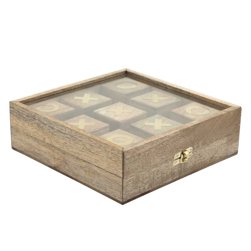 Sagebrook Home 10" Natural Brown Wooden Tic Tac Toe in Case Decorative Table Game - 10" x 10" x 3"