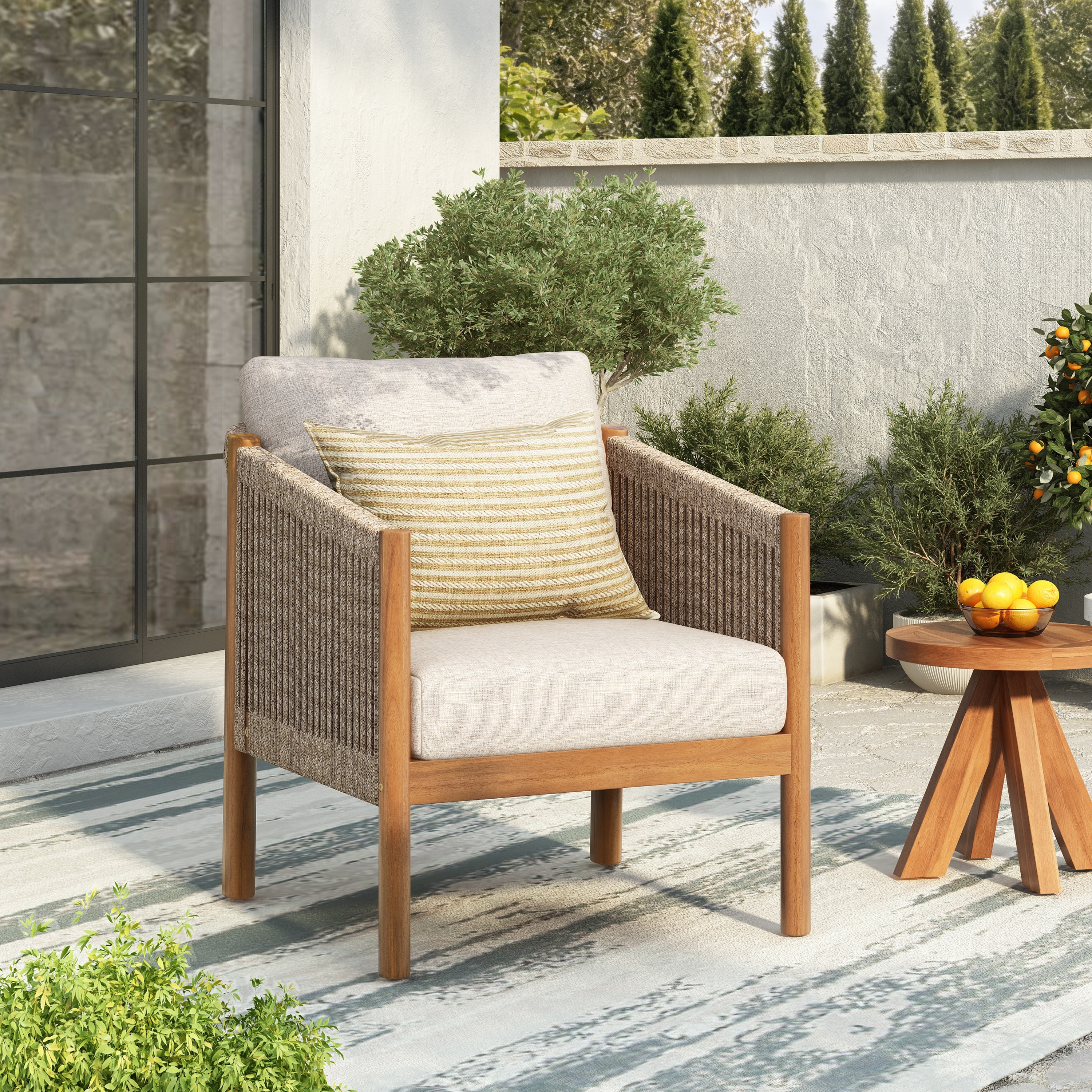 Christopher Knight Home - Outdoor Acacia Wood Rope-Woven Club Chair with Soft Water-Resistant Cushion & Ergonomic Backrest