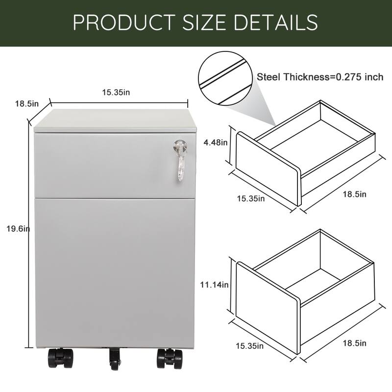 2 Drawer Mobile File with Lock Metal Filing for Legal
