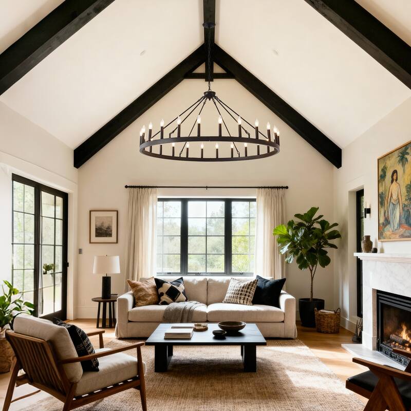 53.15 Inch Matte Black Wagon Wheel Chandelier with 24 light(No Bulbs)-E12