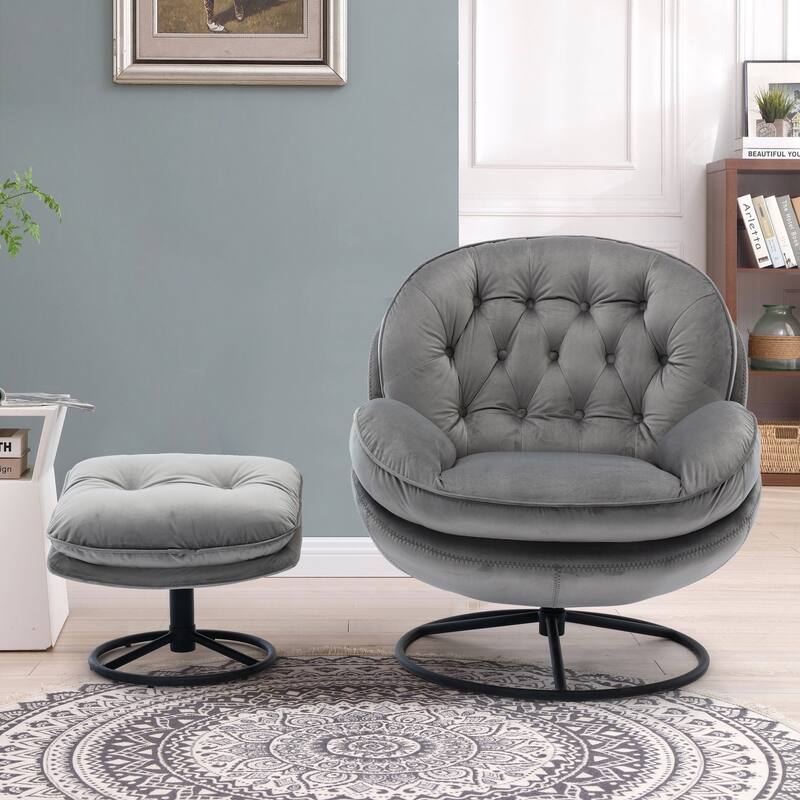 Velvet Swivel Accent Chair with Ottoman & Metal Legs (360° Rotation)