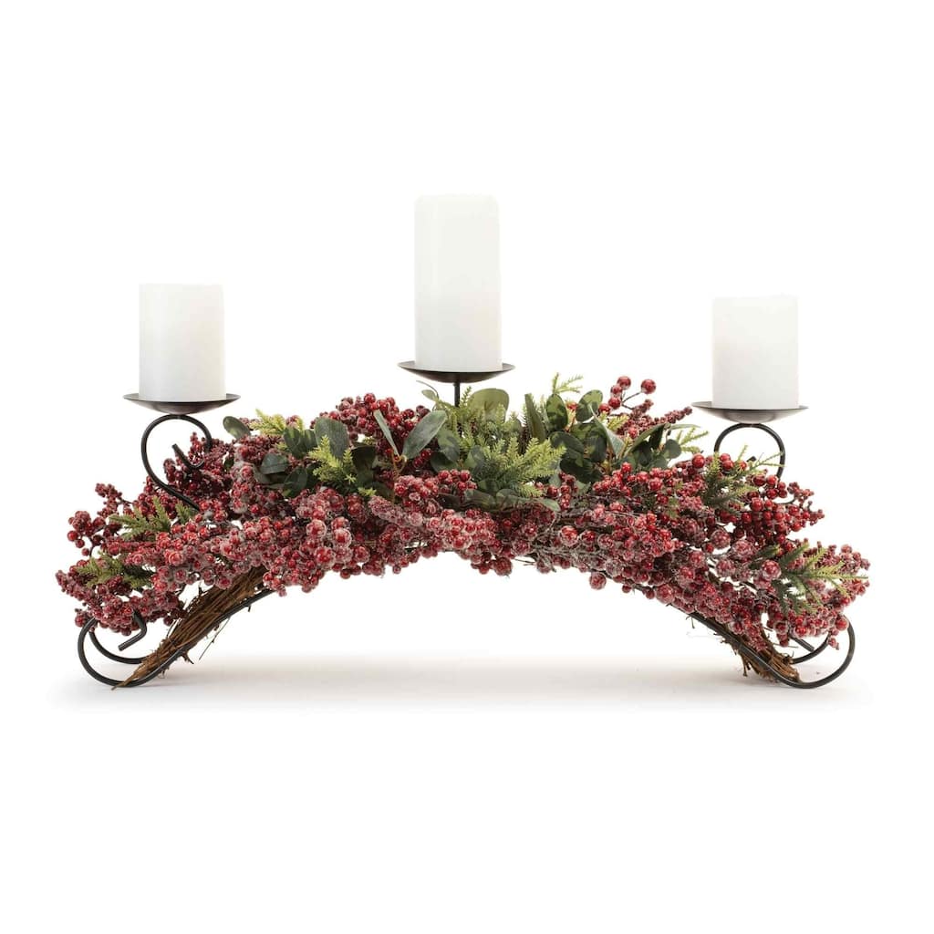 31" Red and Green Frosted Pine with Berry Candle Holder
