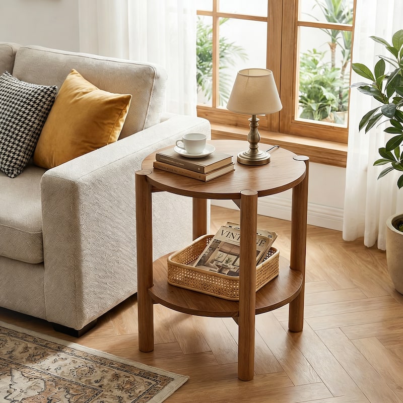 Solid Wood Round End Tables for Living Room, Farmhouse 2-tier Side Table - 19.69" D x 19.69" W x 23.62" H - Natural Brown-1 PC