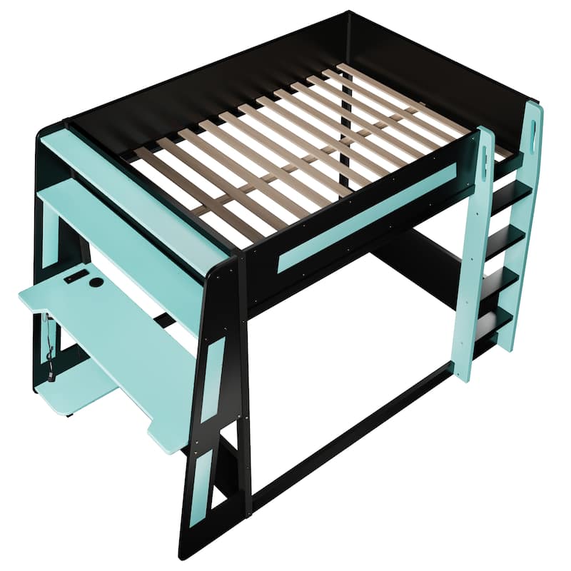 Full or Twin Gaming Bunk Bed Gaming Loft Bed with Built-In Gaming Station Cable Management for Gamer Gaming Hotel Gaming Suite