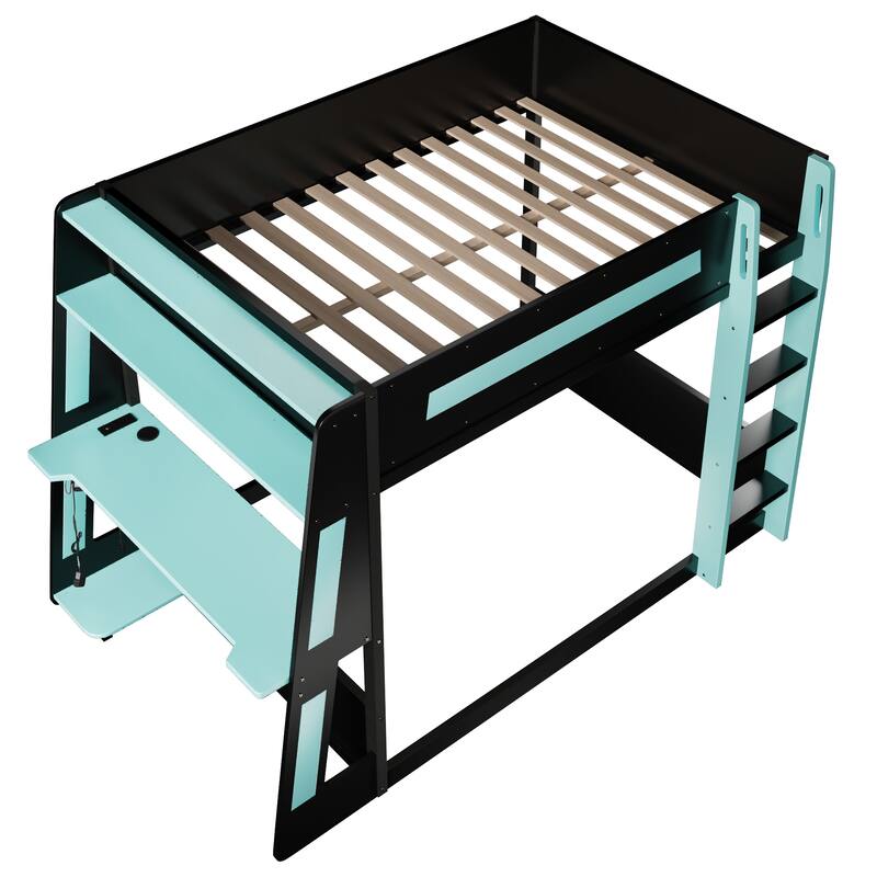 Gaming Bunk Bed with Computer Desk, Storage Shelves, USB Port and LED Strip Lighting, Esports Design, Wooden Gaming Bed