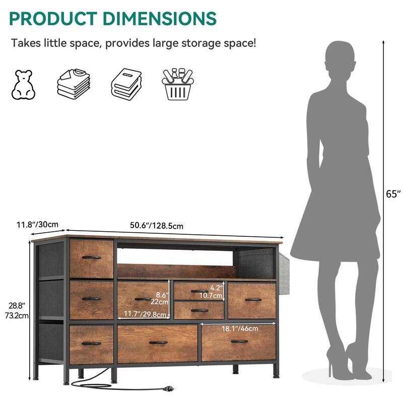 Moasis 50"W 9-drawer Fabric Dresser, Media Console, TV Stand with Outlets, RGB Lights