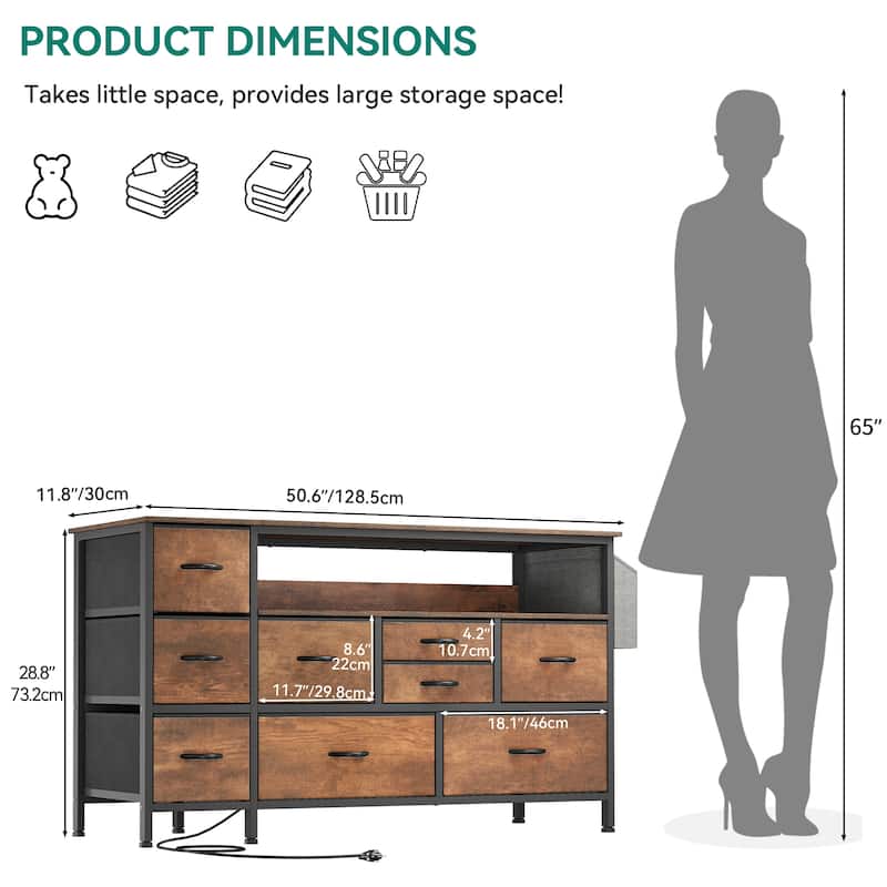 Moasis 50"W 9-drawer Fabric Dresser, Media Console, TV Stand with Outlets, RGB Lights