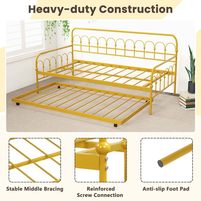 Twin Size Metal Daybed w/Trundle Sofa Bed Lockable Wheels