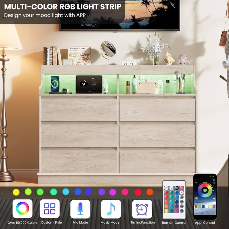 Dresser for Bedroom with 6 Drawers, Modern Chest Featuring LED Lights and Charging Station