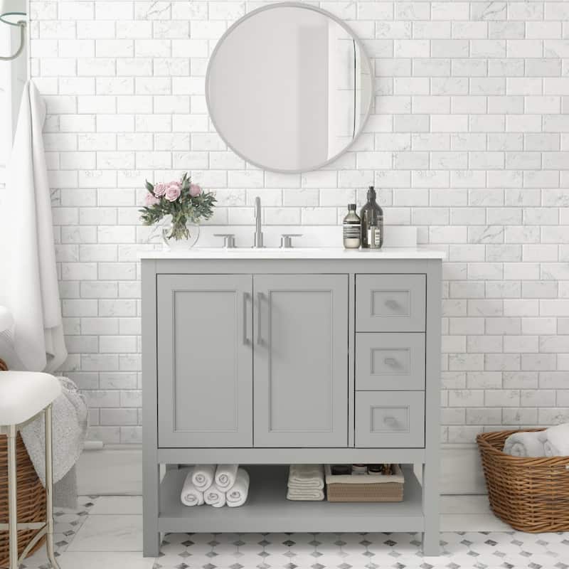 Modern Freestanding Bath Vanity with Sink, Open Storage, and Drawers - 36 Inch - Gray