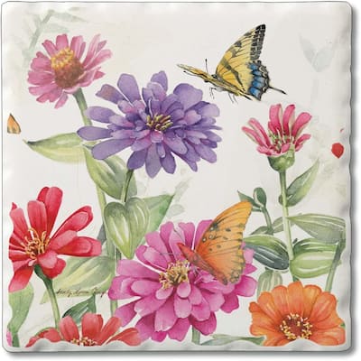 CounterArt Zinnias & Butterflies Absorbent Stone Tumbled Tile Coaster Set of 4 Made in The USA Protective Cork Backing