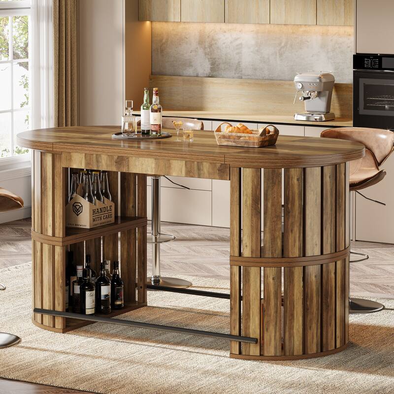 63" Bar Height Table for 4-6, Industrial High Pub Bar Table with Storage - Brown
