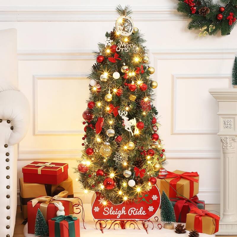 2Pcs 4.5 Ft Pre-Lit Artificial Christmas Tree with 85 Clear Lights,Timer,Pine Cones and Sleigh Base