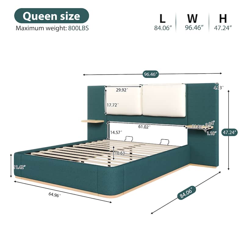 Roomfitters Queen Size Upholstered Platform Bed Frame, Modern Panel Headboard with Rounded Corners, Solid Wood Slats
