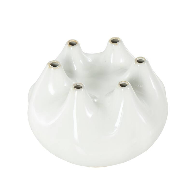 White Ceramic Round Wide Decorative Vase with Multiple Openings