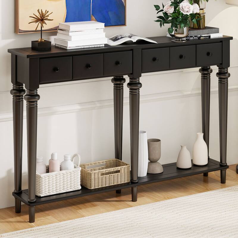 Versatile Hallway Table Side Table with 4 Storage Drawers, Accent Table Sofa Table with Bottom Open Shelf, Black