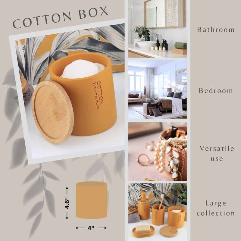 Sleek Cotton Pad Holder - Polyresin Bathroom Storage Container with Bamboo Lid - 4 L x 4 W x 4.6H