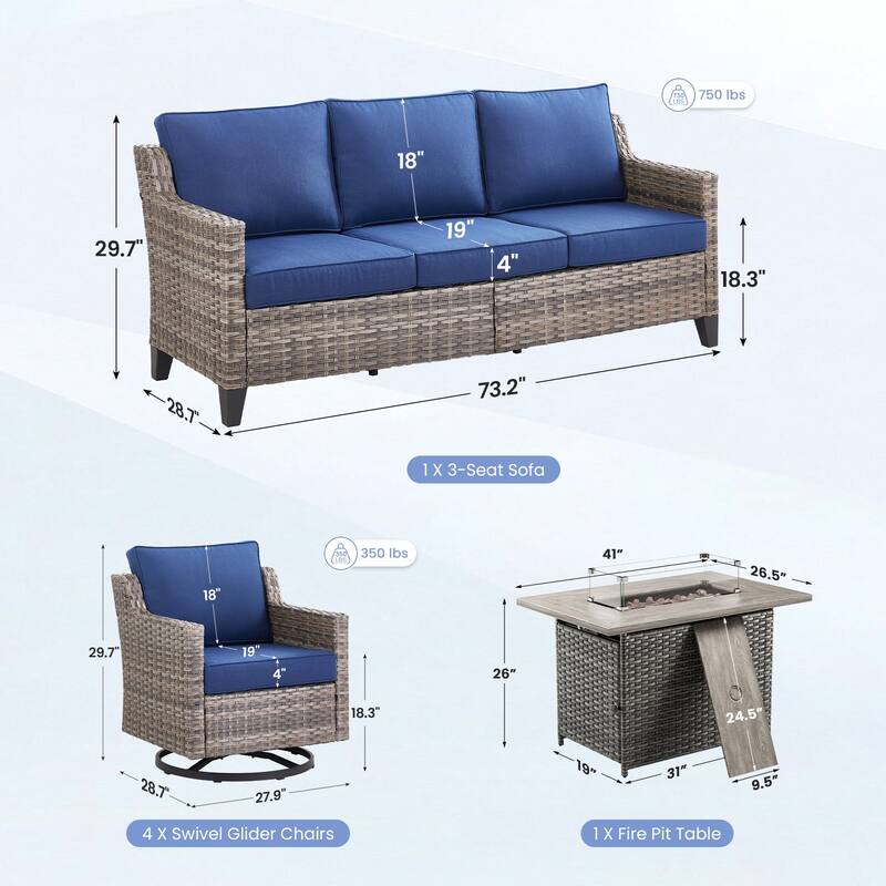 Pocassy Outdoor Swivel Chair with Sofa with Fire Pit Table