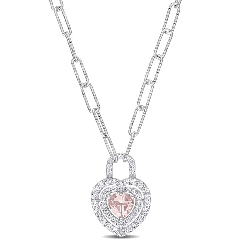 Miadora 1 3/8ct TGW Morganite Created White Sapphire Heart Necklace Sterling Silver