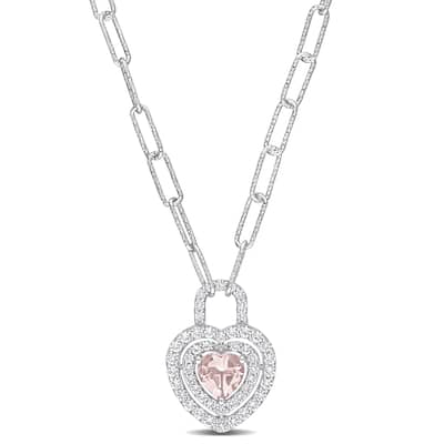 Miadora 1 3/8ct TGW Morganite Created White Sapphire Heart Necklace Sterling Silver