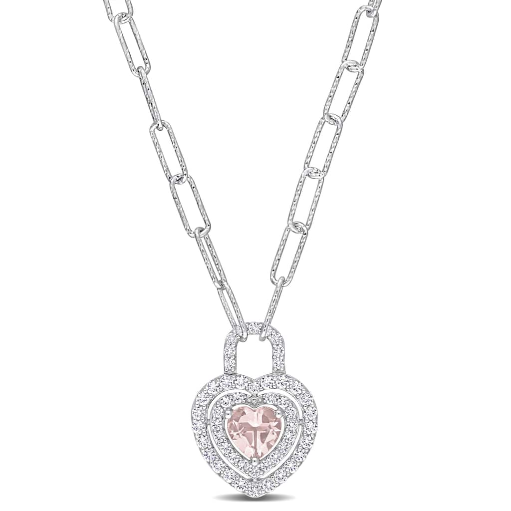 Miadora 1 3/8ct TGW Morganite Created White Sapphire Heart Necklace Sterling Silver