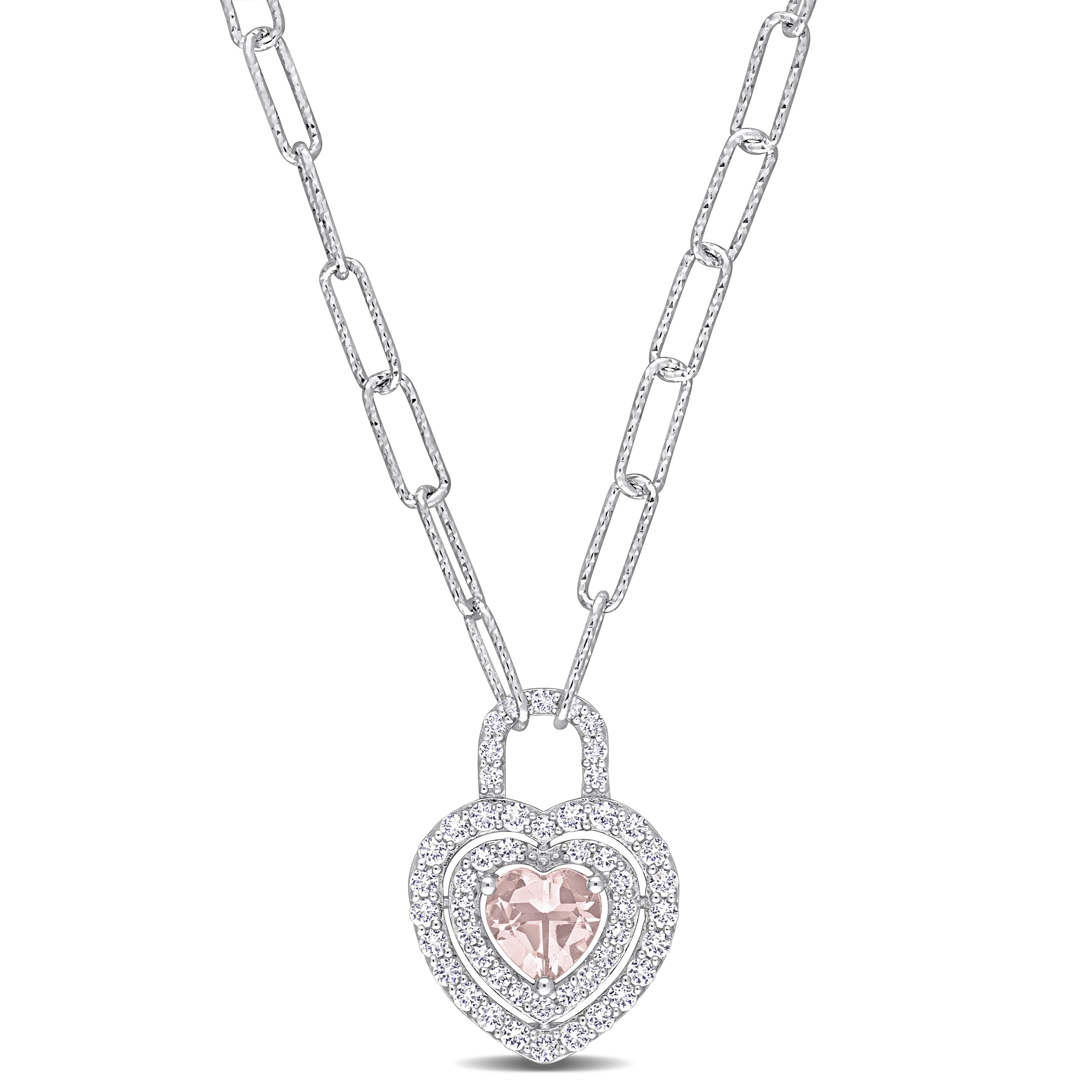 Miadora 1 3/8ct TGW Morganite Created White Sapphire Heart Necklace Sterling Silver