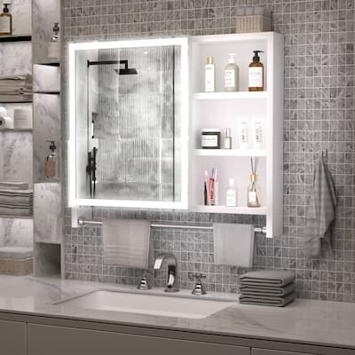 32×28 inches White Bathroom Medicine Cabinets with Mirror, LED Lights, Towel Rails and Storage Shelves