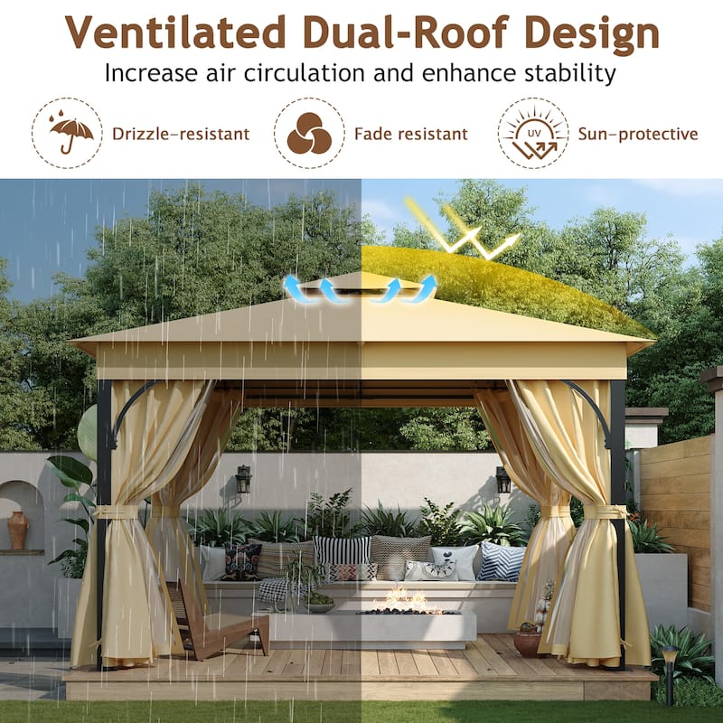 10x12 Outdoor Gazebo Tent with Double Roofs, Patio Gazebo with Mosquito Netting and Privacy Screens, for Backyard, Garden