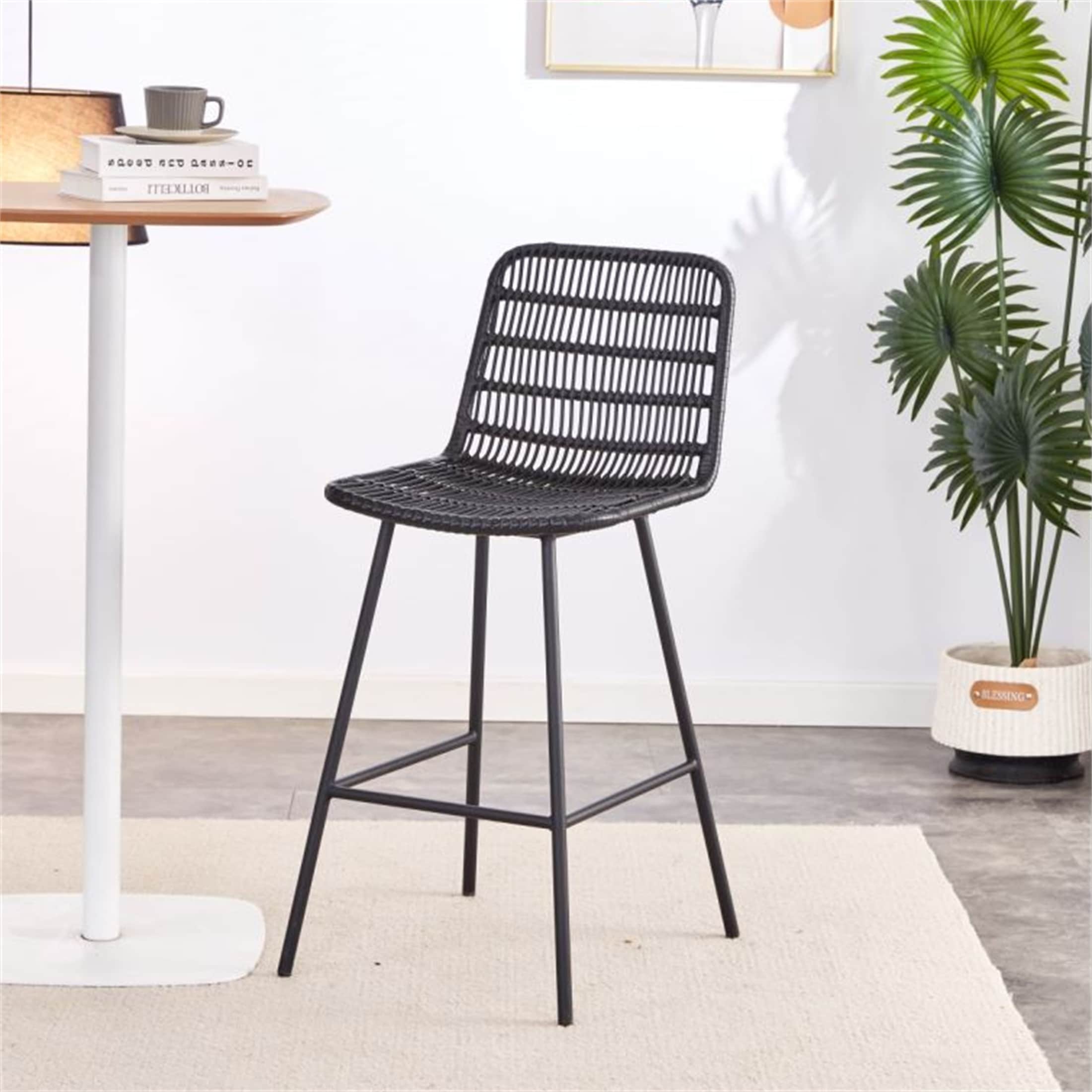 Black Metal Frame Rattan Bar Stool Set of 2 Bed Bath Beyond