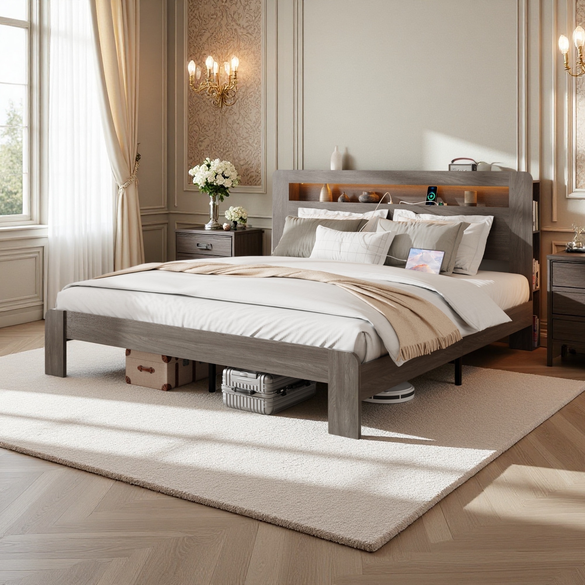 Wood Platform Bed Frame with Storage LED Headboard, USB Ports, and No Box Spring Needed