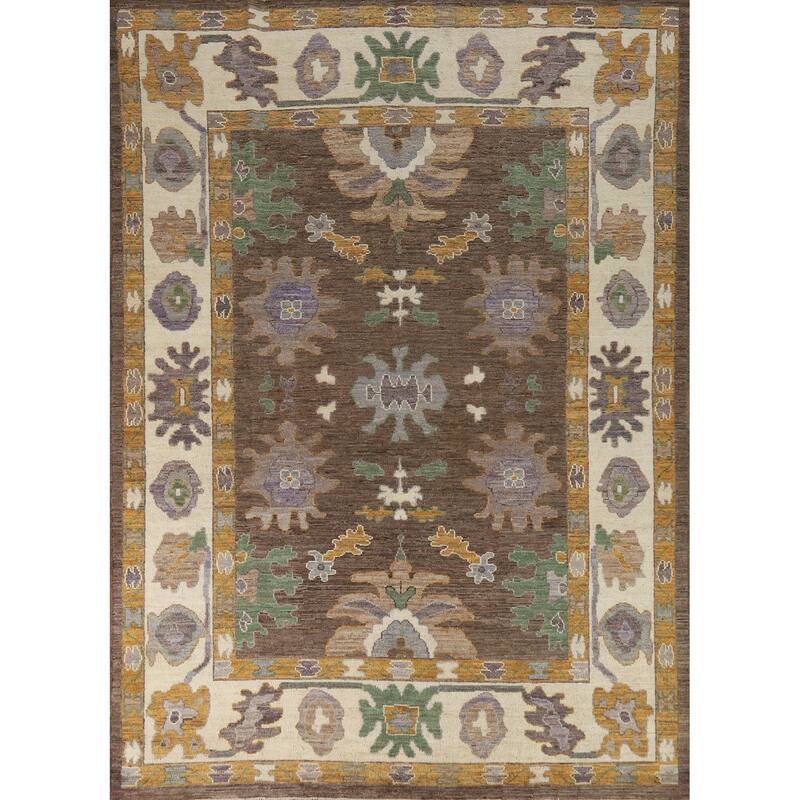 Hand Knotted Oriental 100% Wool Carpet Transitional All-Over Brown Oushak Area Rug - 8' 9'' X 6' 4''