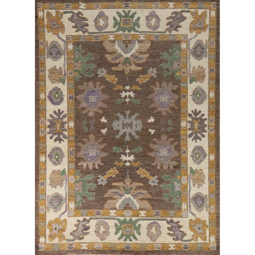 Hand Knotted Oriental 100% Wool Carpet Transitional All-Over Brown Oushak Area Rug - 8' 9'' X 6' 4''