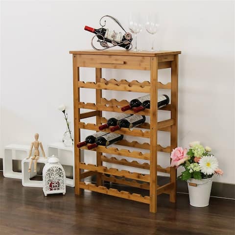 Kinbor 28/36 Bottle Bamboo Wine Display Storage Rack Free Standing Wine Display Shelf w/ Countertop