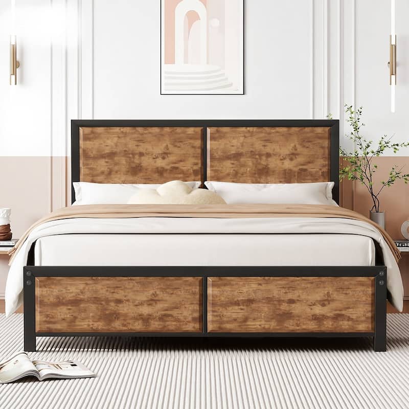VECELO Platform Bed Frame with Wooden Headboard Heavy Duty Steel Slats Support No Box Spring Needed - Rustic Brown - Full