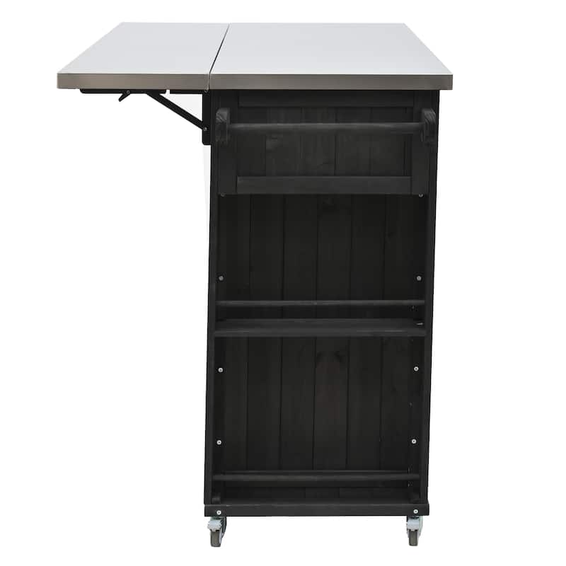 Outdoor Kitchen Island with Foldable Stainless Steel Top & Bottle Opener, Fir Wood Kitchen Island with Shelves and Towel Racks