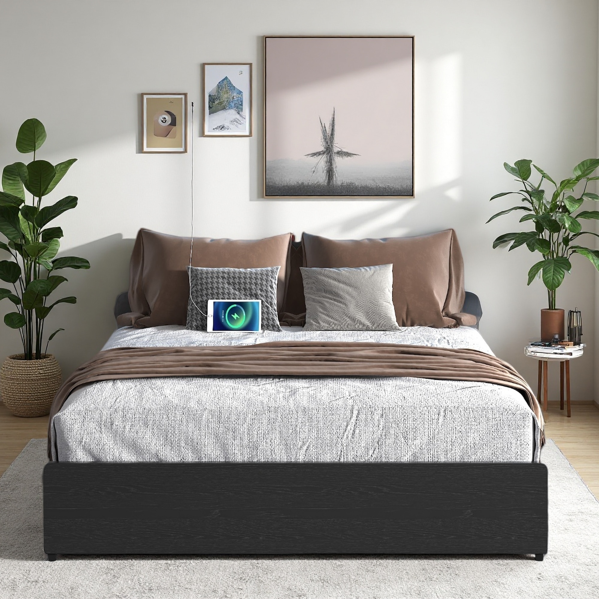 Metal Platform Bed Frame with 4 Storage Drawers, Headboard Shelf, LED Lights, and Charging Station